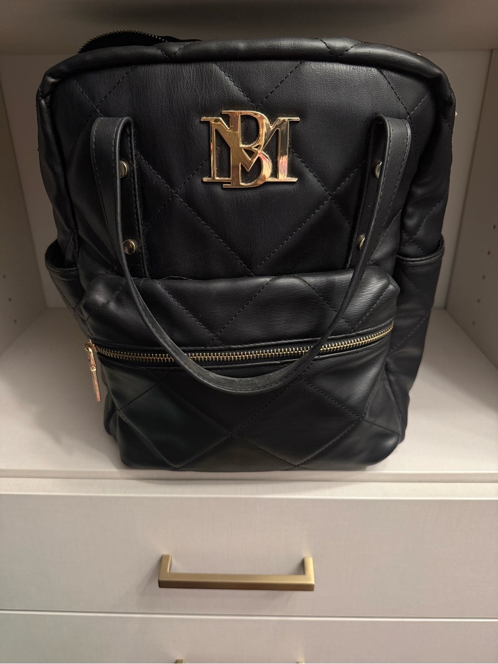 Badgley Mischka Quilted Black Women’s Backpack with Gold Logo Accent
